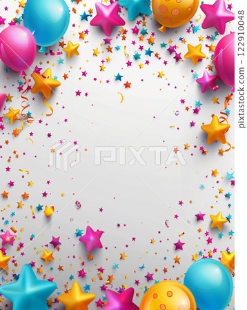 Party helium stars and balloons for event design on white background. Birthday wallpaper for design 122910048