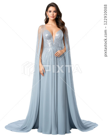 Luxurious sequin gown with cape sleeves and sheer fabric accents, floor-length with fitted bodice, long flowing cape sleeves, fully covered 122910088