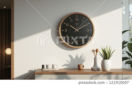 A smart wall clock with digital time display, weather updates, and customizable alarm settings. The clock can sync with a user's schedule 122910097