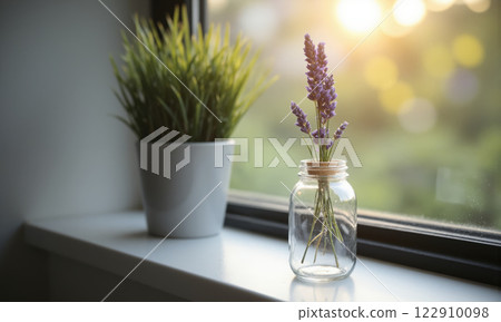 A single lavender sprig resting in a small, clear glass jar on a windowsill, the lavender's soft purple hues contrasting 122910098