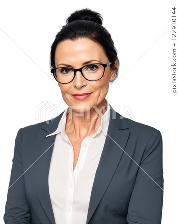 European woman aged 40-50 years old, wearing smart casual, looking confident with glasses, with ponytail and black hair. European woman aged 40-50 years old, wearing smart casual, looking confident with glasses, with ponytail and black hair. 122910144