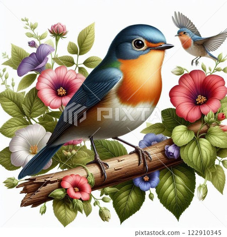 樹枝上的花和一隻小鳥 122910345