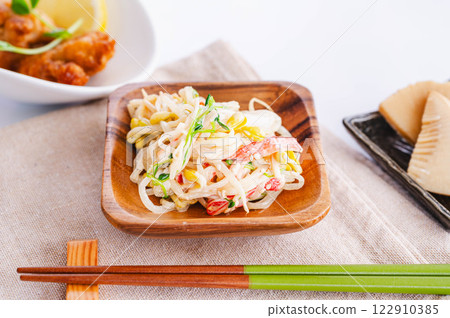 Baby soybean sprouts, crab sticks and pea sprouts mayonnaise salad Baby soybean sprouts, crab sticks and pea sprouts mayonnaise salad 122910385