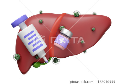 3d realistic human liver with hepatitis virus infection, vaccine, syringe isolated. liver, gallbladder structure, organs concept, 3d illustration render 3d realistic human liver with hepatitis virus infection, vaccine, syringe isolated. liver, gallbladder structure, organs concept, 3d illustration render 122910555