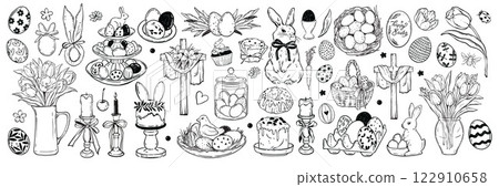 Easter doodle illustration set, holiday table food, vector traditional hand drawn line egg, tulip.  122910658