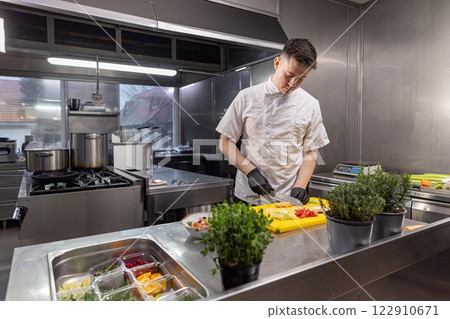 Chef slicing fresh vegetables Chef slicing fresh vegetables 122910671