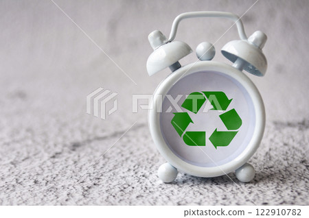 Recycle symbol on white alarm clock with customizable space for text or ideas Recycle symbol on white alarm clock with customizable space for text or ideas 122910782