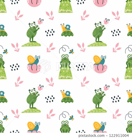 Endless seamless pattern with cute frogs for sewing baby clothes. White background for wrapping paper. Endless seamless pattern with cute frogs for sewing baby clothes. White background for wrapping paper. 122911004