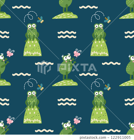 Endless seamless pattern with cute frogs for sewing baby clothes. Green background for wrapping paper. 122911005