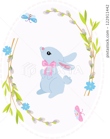 Easter card, cute blue bunny in a wreath of willow sprigs. greeting card 122911442