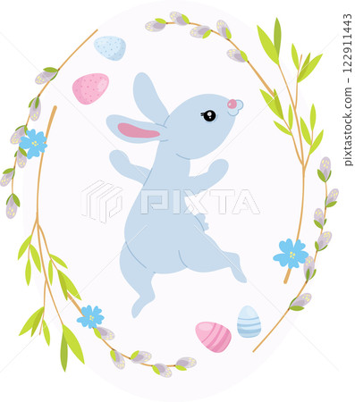 Easter card, cute blue bunny in a wreath of willow sprigs. greeting card 122911443
