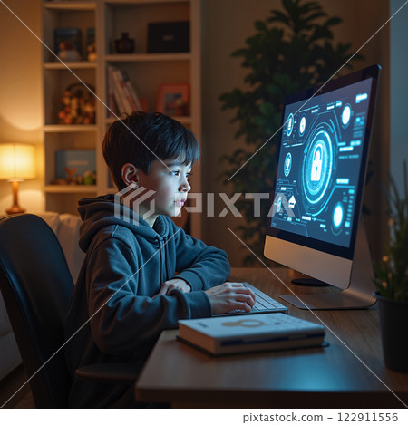 A brunette boy at the computer. 122911556