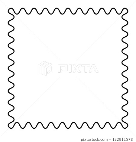 Square frame with serpentine line. Snake-like border and decorative surround formed by a single wavy line, which moves in the form of a sine wave. Isolated black and white illustration over white. 122911578