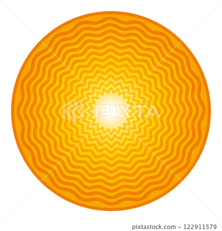 Golden sun symbol and solar disk with twelve serpentine lines. Bright, colorful and yellow-orange colored circle with bold snake-like sine waves. Isolated illustration on white background. Vector Golden sun symbol and solar disk with twelve serpentine lines. Bright, colorful and yellow-orange colored circle with bold snake-like sine waves. Isolated illustration on white background. Vector 122911579