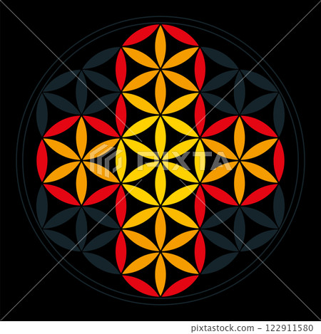 Cross derived from petals of a Flower of Life, a geometric figure of overlapping circles, forming a flower like pattern. Colorful petals in leaded glass window style. Isolated illustration over black. Cross derived from petals of a Flower of Life, a geometric figure of overlapping circles, forming a flower like pattern. Colorful petals in leaded glass window style. Isolated illustration over black. 122911580
