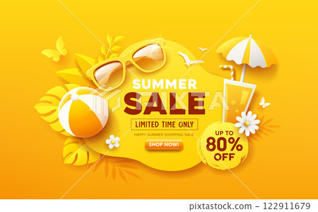 Summer sale, Sunglasses, beach ball with flower tropical yellow leaf, butterfly paper cut 122911679
