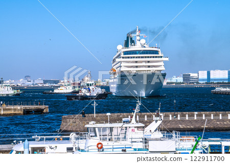 Yokohama cityscape in Japan, including the Crystal Symphony, which is making its first port visit. (Osanbashi Pier on the right) = February 13, 2025 122911700
