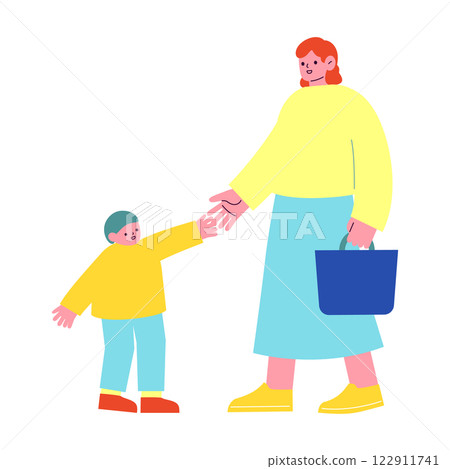 A woman raising a child and her child. Flat design illustration of a parent and child holding hands and shopping. Family vector illustration 122911741