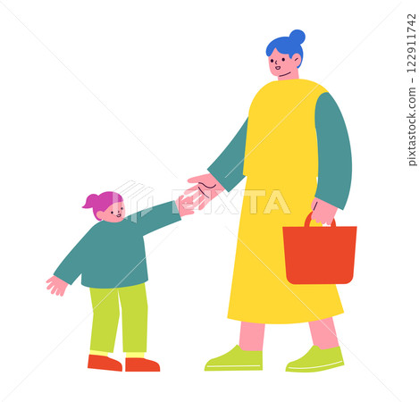 一個撫養孩子的女人和她的孩子。父母和孩子手牽手購物的平面設計插圖。家庭向量插圖 122911742