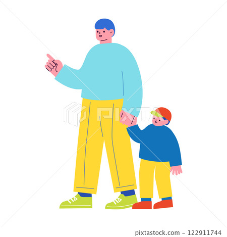 Flat design illustration of a parent and child holding hands. A man raising a child and his child. Vector illustration of a family. 122911744