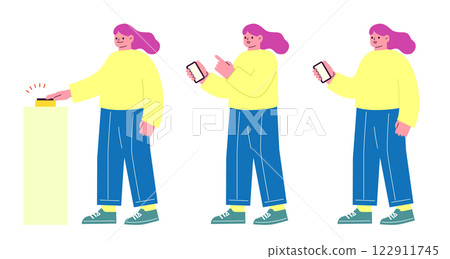 Flat illustration of a woman making a cashless payment. She holds her smartphone over the screen to purchase a ticket with an electronic ticket. Flat illustration of a woman making a cashless payment. She holds her smartphone over the screen to purchase a ticket with an electronic ticket. 122911745
