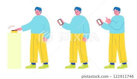 Flat illustration of a man making a cashless payment. Hold your smartphone to purchase a ticket with an electronic ticket. 122911746