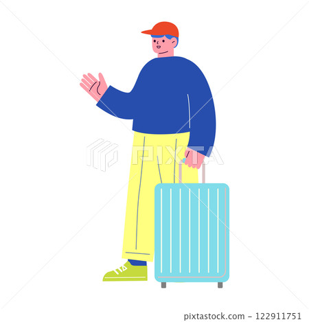 Vector flat illustration of a man traveling. Man in casual style with a suitcase. 122911751