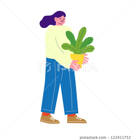 一名婦女攜帶室內植物的向量平面插圖。這就像搬到一個新地方開始新的生活。 122911752