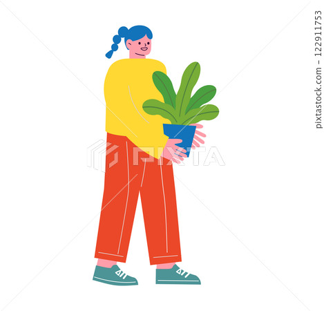 A vector flat illustration of a woman carrying a houseplant. An image of moving for a new life. A vector flat illustration of a woman carrying a houseplant. An image of moving for a new life. 122911753