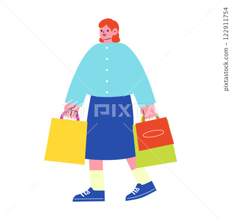 Vector flat illustration of a woman enjoying shopping. Walking with many paper bags. Vector flat illustration of a woman enjoying shopping. Walking with many paper bags. 122911754