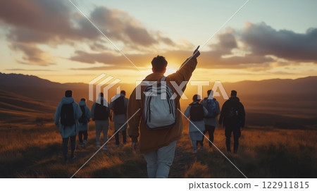 Adventure unfolds as a group of friends embarks on a sunset hike through breathtaking mountain landscapes. Generative AI Adventure unfolds as a group of friends embarks on a sunset hike through breathtaking mountain landscapes. Generative AI 122911815