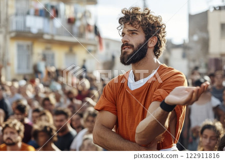 Performer captivates audience in vibrant street festival celebrating local culture and artistry with passionate expression. Generative AI Performer captivates audience in vibrant street festival celebrating local culture and artistry with passionate expression. Generative AI 122911816