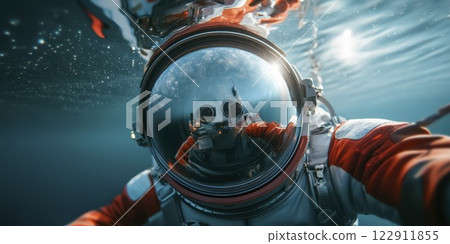 Exploring the depths of the ocean in a futuristic diving suit during a serene underwater expedition. Generative AI 122911855
