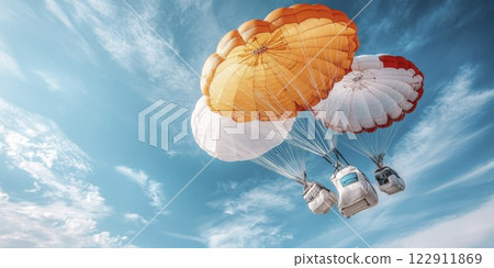 High above the world, adventurous souls embrace the thrill of parachuting under vibrant canopies amid a stunning blue sky. Generative AI 122911869