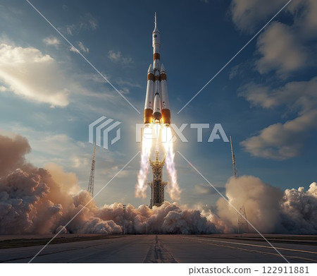 Rocket launches into the sky, leaving trails of smoke and fire amidst a stunning blue sky with fluffy clouds. Generative AI 122911881