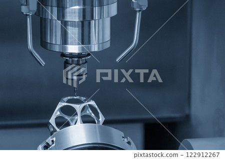 The 5-axis CNC milling machine  cutting the aerospace part with solid ball end mill tool. 122912267