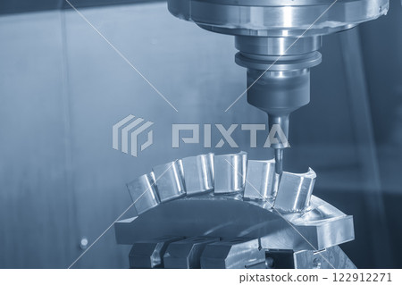 The 5-axis CNC milling machine  cutting the turbine blade part with solid ball end mill tool. 122912271