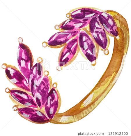 Watercolor illustration of a golden ring with pink crystals. Wedding accessories made of gold, wedding decorations in sketch style. Jewelry illustration. 122912300