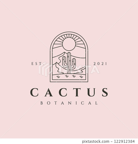 cactus plant on desert logo vector line art minimalist symbol illustration design, vintage cactus logo design 122912384