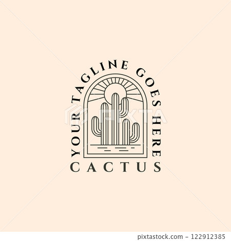 cactus on desert summer logo emblem vector vintage line art illustration design 122912385