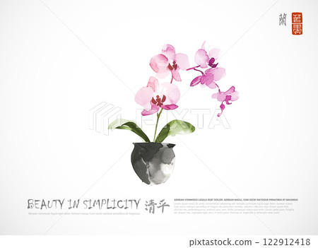 Ink painting of phalaenopsis orchid on white background. Traditional Japanese ink wash painting sumi-e. Hieroglyphs - orchid, clarity, peace 122912418