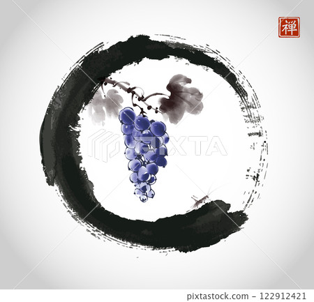 Hanging grapes in black enso zen circle and little cricket. Traditional Japanese ink wash painting sumi-e. Translation of hieroglyph - zen Hanging grapes in black enso zen circle and little cricket. Traditional Japanese ink wash painting sumi-e. Translation of hieroglyph - zen 122912421