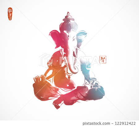 Colored ink painting of Ganesha sitting cross-legged. Traditional oriental ink painting sumi-e, u-sin, go-hua on white background. Hieroglyph - wisdom 122912422