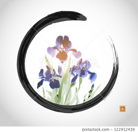 Ink painting of iris flowers in black enso zen circle on white background. Traditional oriental ink painting sumi-e, u-sin, go-hua. Translation of hieroglyph - eternity 122912439