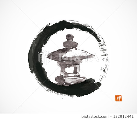 Minimalist ink painting of japanese toro stone lantern in black enso zen circle on white. Traditional Japanese ink wash painting sumi-e. Translation of hieroglyph - zen 122912441