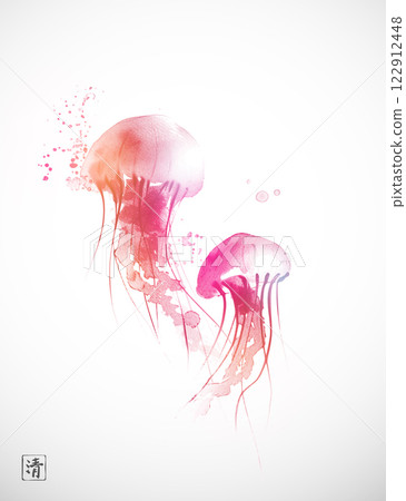 Ink painting of two pink jellyfishes on white. Traditional oriental ink painting sumi-e, u-sin, go-hua. Hieroglyph - clarity. 122912448