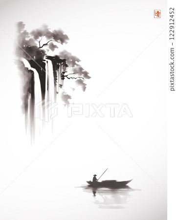 Ink painting of a lone boatman rowing on calm water with a waterfall and trees in the background. Traditional Japanese ink wash painting sumi-e. Hieroglyph - clarity 122912452