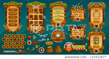 Medieval Vikings game interface. Vintage martial game buttons, gui elements game asset featuring wooden menus and interactive icons, incorporate swords, shields, axes and treasure for adventure or rpg Medieval Vikings game interface. Vintage martial game buttons, gui elements game asset featuring wooden menus and interactive icons, incorporate swords, shields, axes and treasure for adventure or rpg 122912677