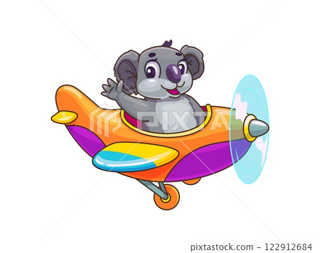 Cartoon koala pilot on plane or baby animal character, vector funny kids personage. Happy koala pilot flying in propeller plane with smile and waving Hi or Goodbye for kids zoo animals on planes 122912684