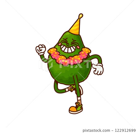 Cartoon groovy Mexican avocado character with a festive flower garland and party hat joyfully celebrating the holiday. Isolated vector cute and cheerful fruit personage enjoying joyful celebration 122912699